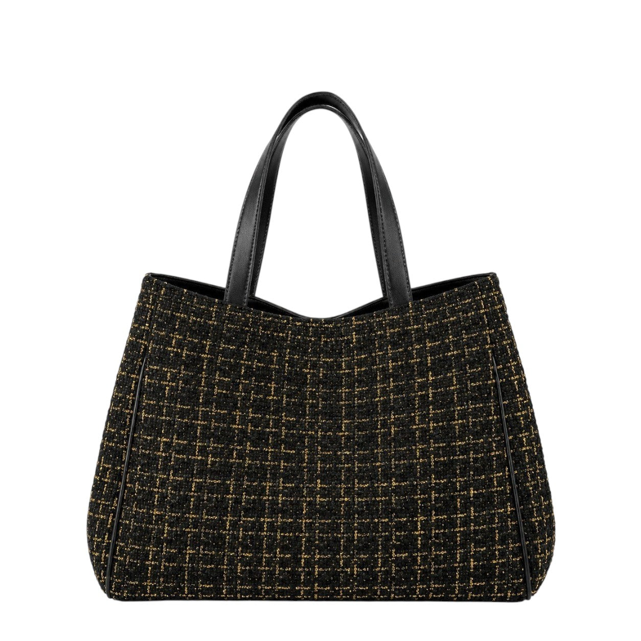 Shop Sarah Stewart Delilah Tweed tote bag in black and gold with leather handles and refined gold accents.