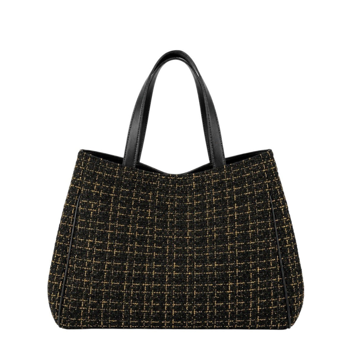 Shop Sarah Stewart Delilah Tweed tote bag in black and gold with leather handles and refined gold accents.
