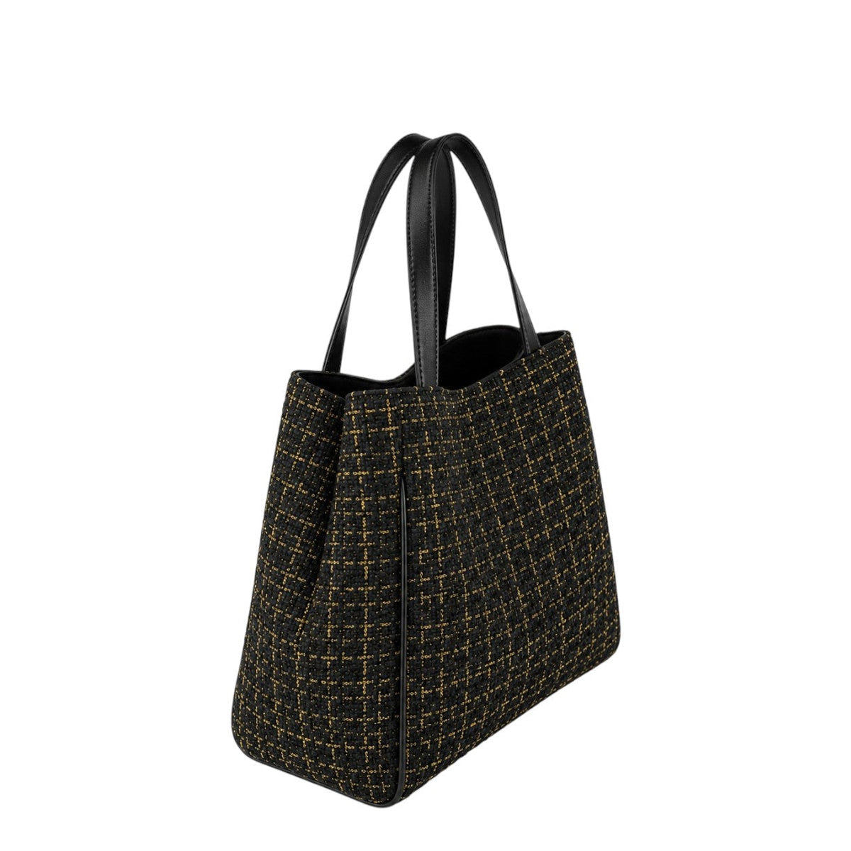 Shop Sarah Stewart Delilah tweed tote bag in black with gold accents and black leather handles on white background