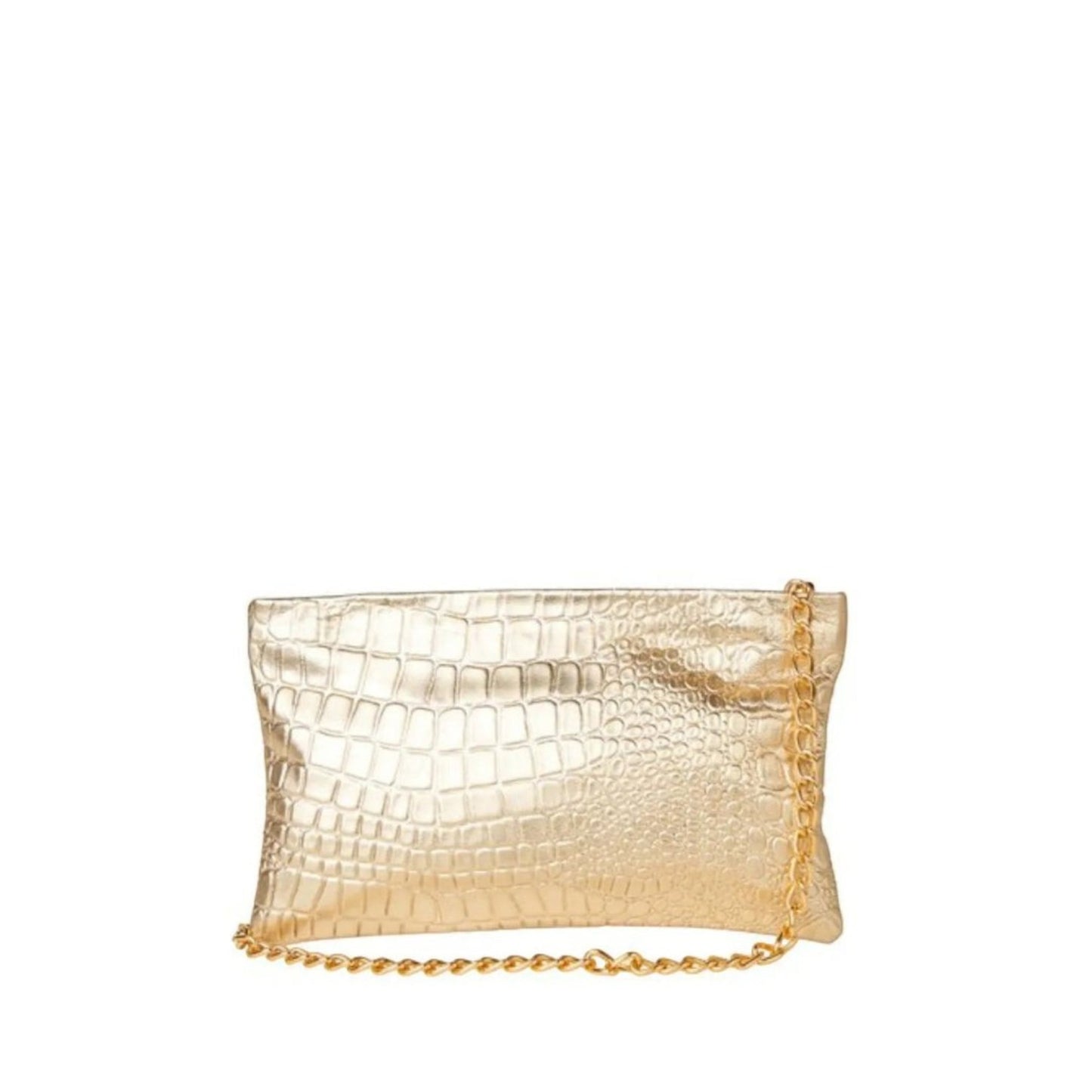 Shop Sarah Stewart gold lambskin leather clutch with a croc-embossed texture and a gold chain shoulder strap.