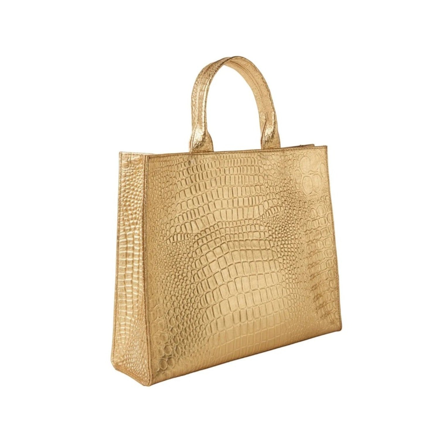 Shop Sarah Stewart gold embossed crocodile leather Adele handbag with structured silhouette and top handles.