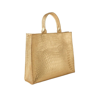 Shop Sarah Stewart gold embossed crocodile leather Adele handbag with structured silhouette and top handles.