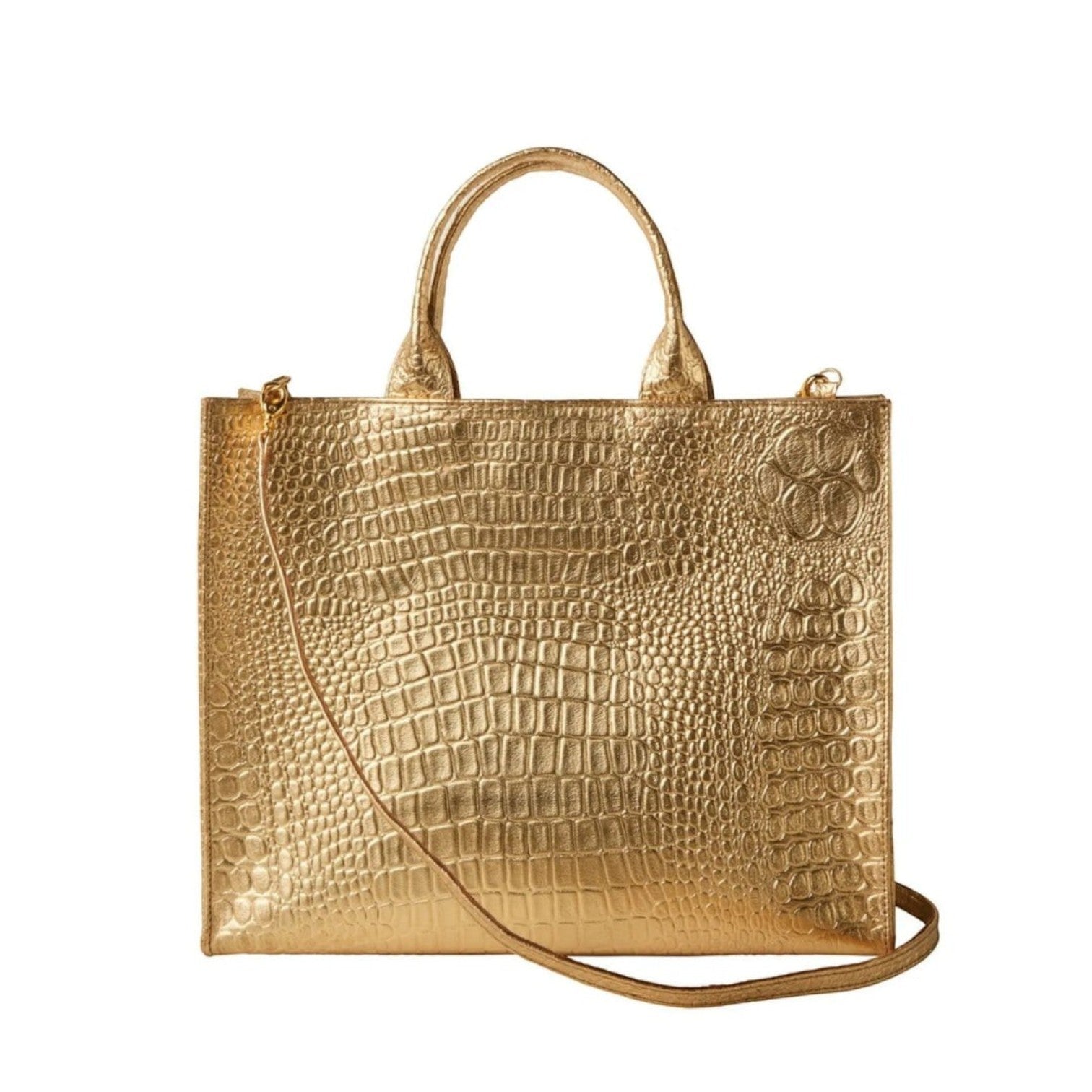 Shop Sarah Stewart Adele handbag in metallic gold embossed croc lambskin leather with a detachable shoulder strap.
