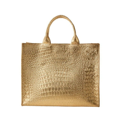 Shop Sarah Stewart Adele handbag in metallic gold embossed croc lambskin leather with structured square silhouette.