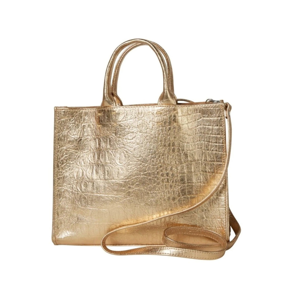 Shop Sarah Stewart gold embossed crocodile leather Adelaide handbag with top handles and a detachable crossbody strap