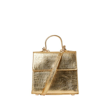 Shop Sarah Stewart The Robin handbag in metallic gold goat skin leather with a crocodile pattern and gold hardware.