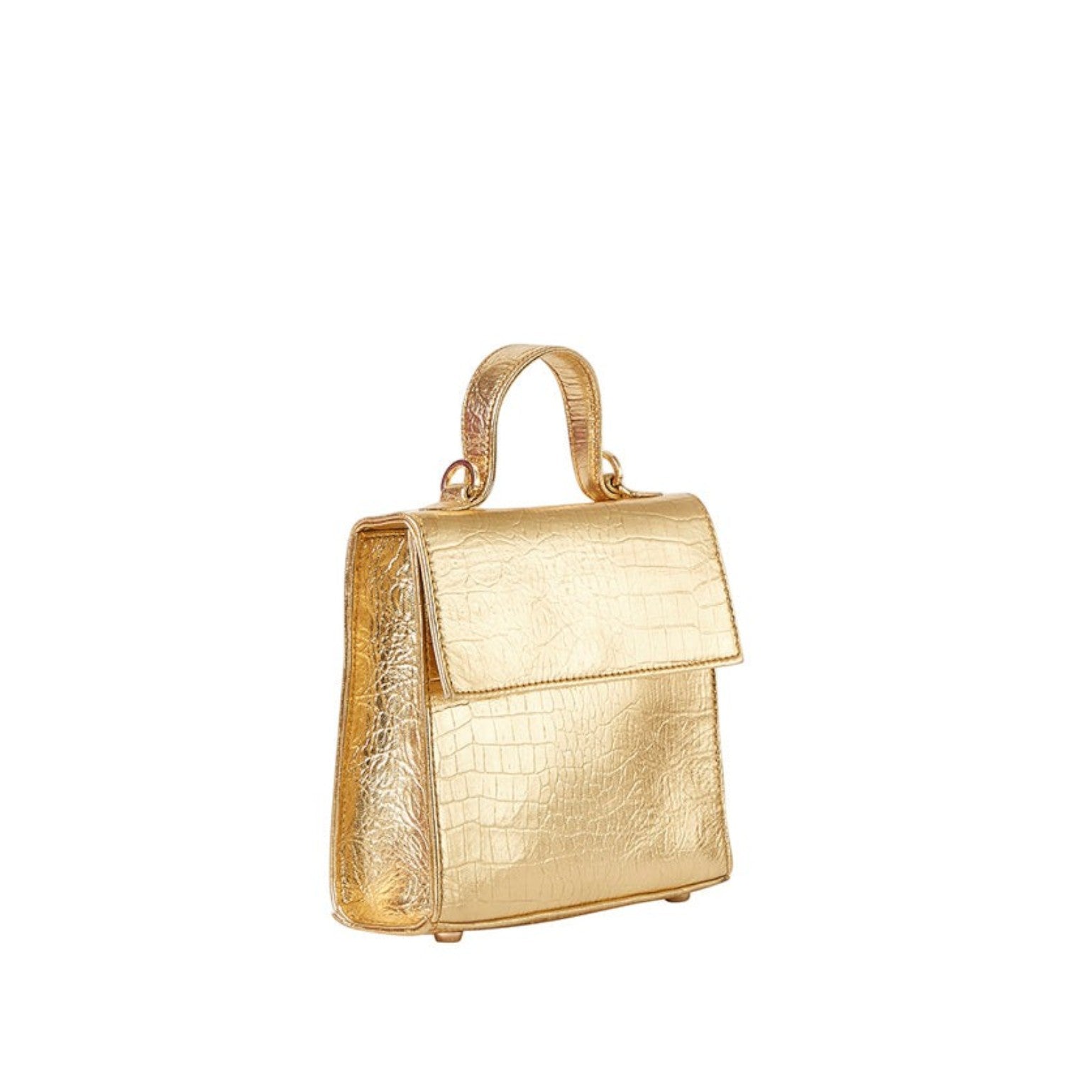 Shop Sarah Stewart The Robin handbag in metallic gold goat skin leather with a crocodile pattern and gold hardware.