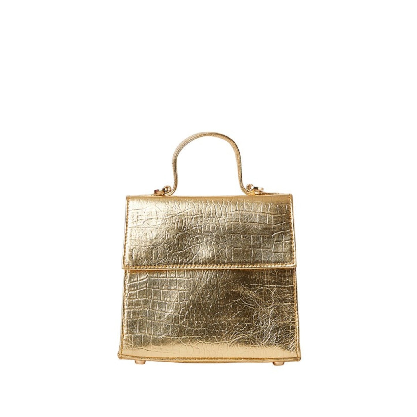 Shop Sarah Stewart The Robin handbag in metallic gold goat skin leather with a crocodile pattern and gold hardware.