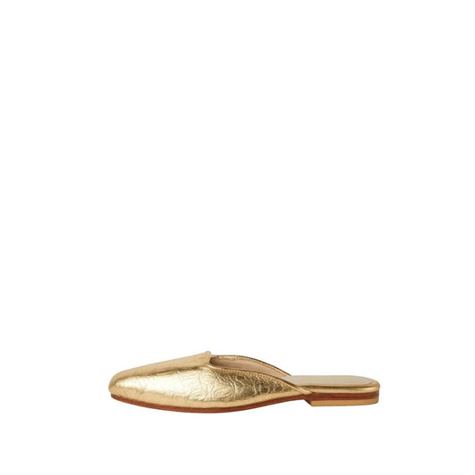 Shop Sarah Stewart Clara mule in metallic gold embossed goat skin leather with a vintage square toe design.