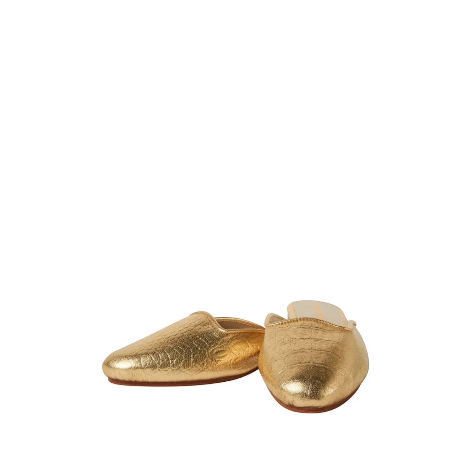 Shop Sarah Stewart Clara mule in metallic gold embossed goat skin leather with a vintage-inspired square toe.