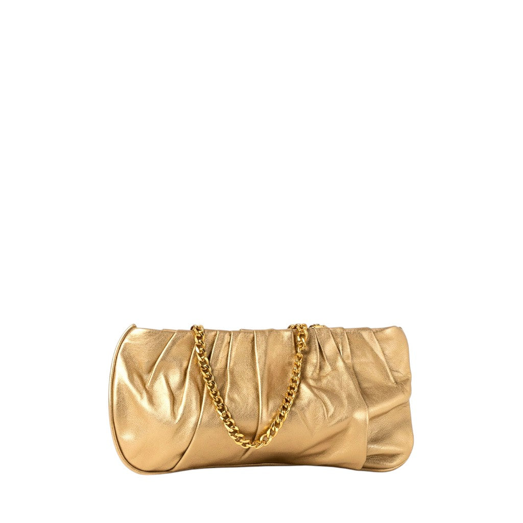 Shop Sarah Stewart Amina gold pleated lambskin leather evening clutch bag with a gold-tone chain shoulder strap.
