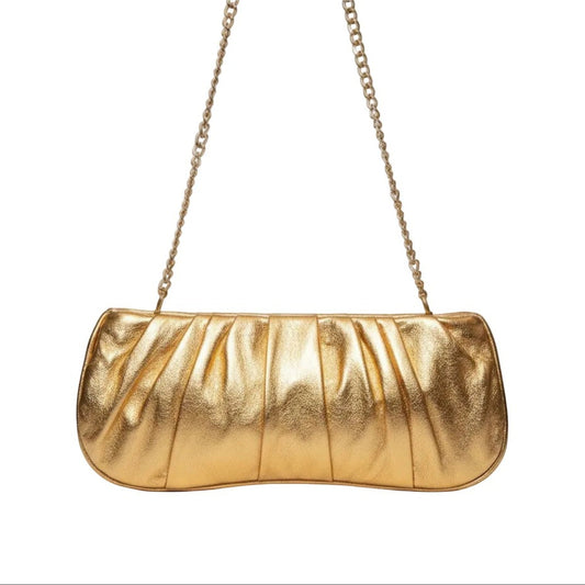Shop Sarah Stewart Amina pleated gold lambskin leather clutch with a gold-tone chain shoulder strap