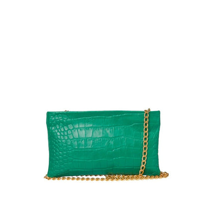 Shop Sarah Stewart green lambskin leather clutch with croc-embossed texture and gold chain strap