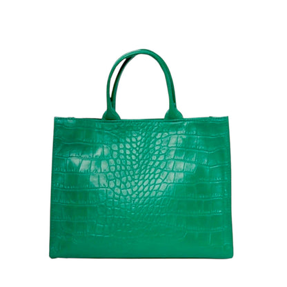 Shop Sarah Stewart Adele handbag in vibrant green embossed lambskin leather with a structured croc-effect finish.