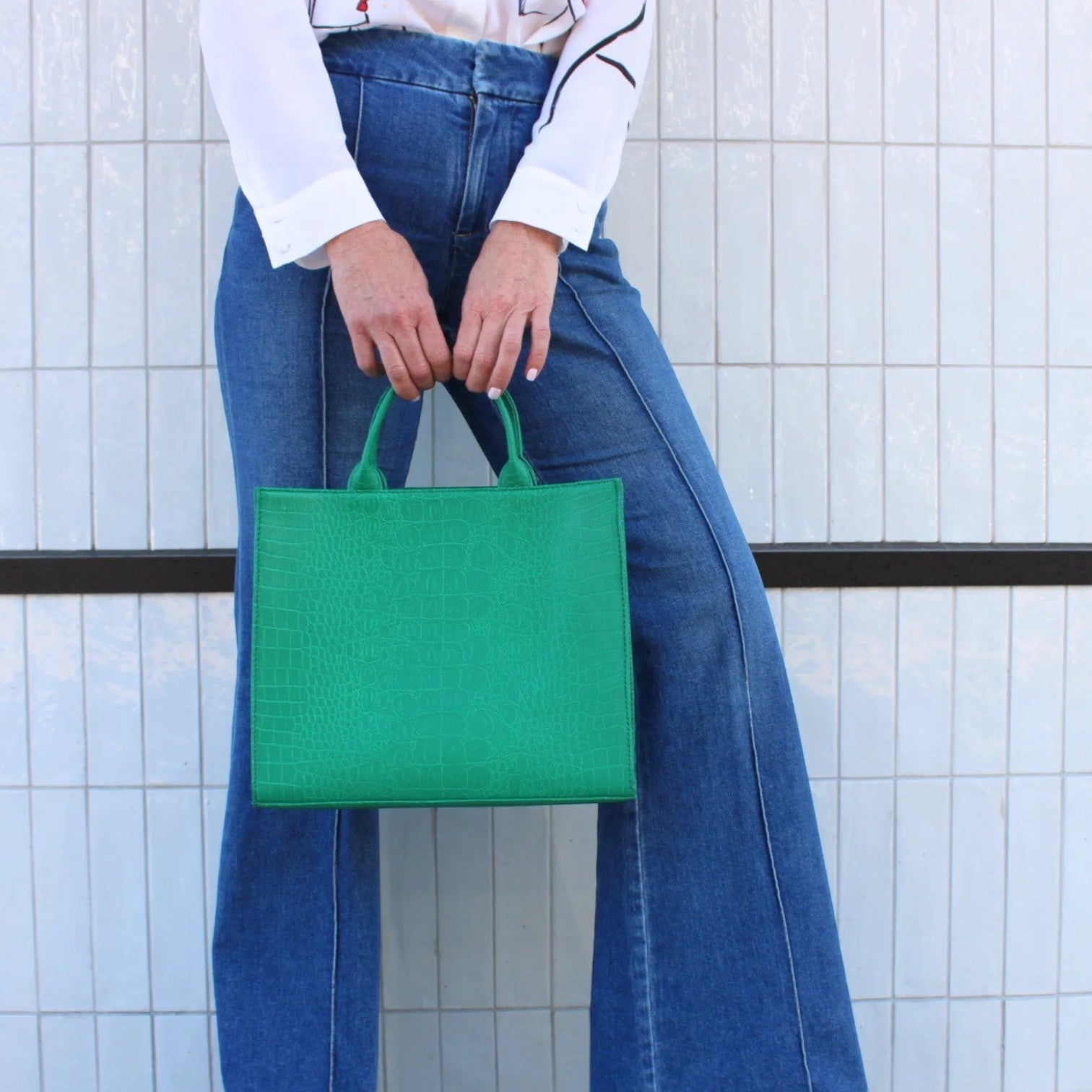 Shop Sarah Stewart Adele handbag in green embossed croc lambskin leather with structured rectangular design