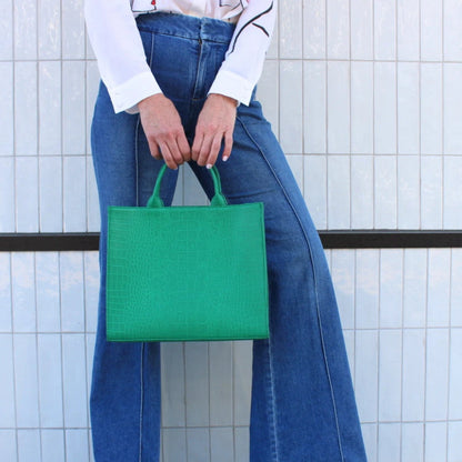 Shop Sarah Stewart Adele handbag in green embossed croc lambskin leather with structured rectangular design