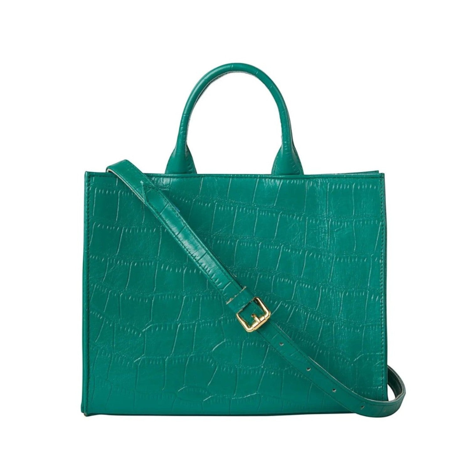 Shop Sarah Stewart Adelaide handbag in green embossed goat skin leather with a detachable crossbody strap.