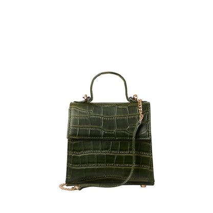 Shop Sarah Stewart The Robin handbag in dark green crocodile-embossed goat skin leather with gold hardware.