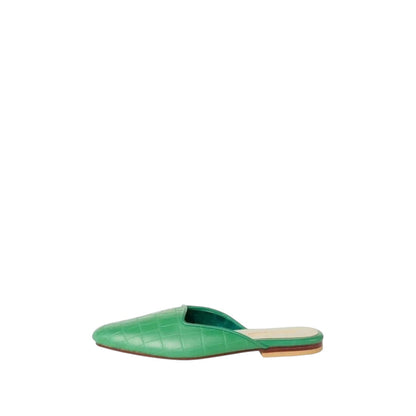 Shop Sarah Stewart Clara mule in green embossed goat skin leather with a vintage-inspired square toe design.