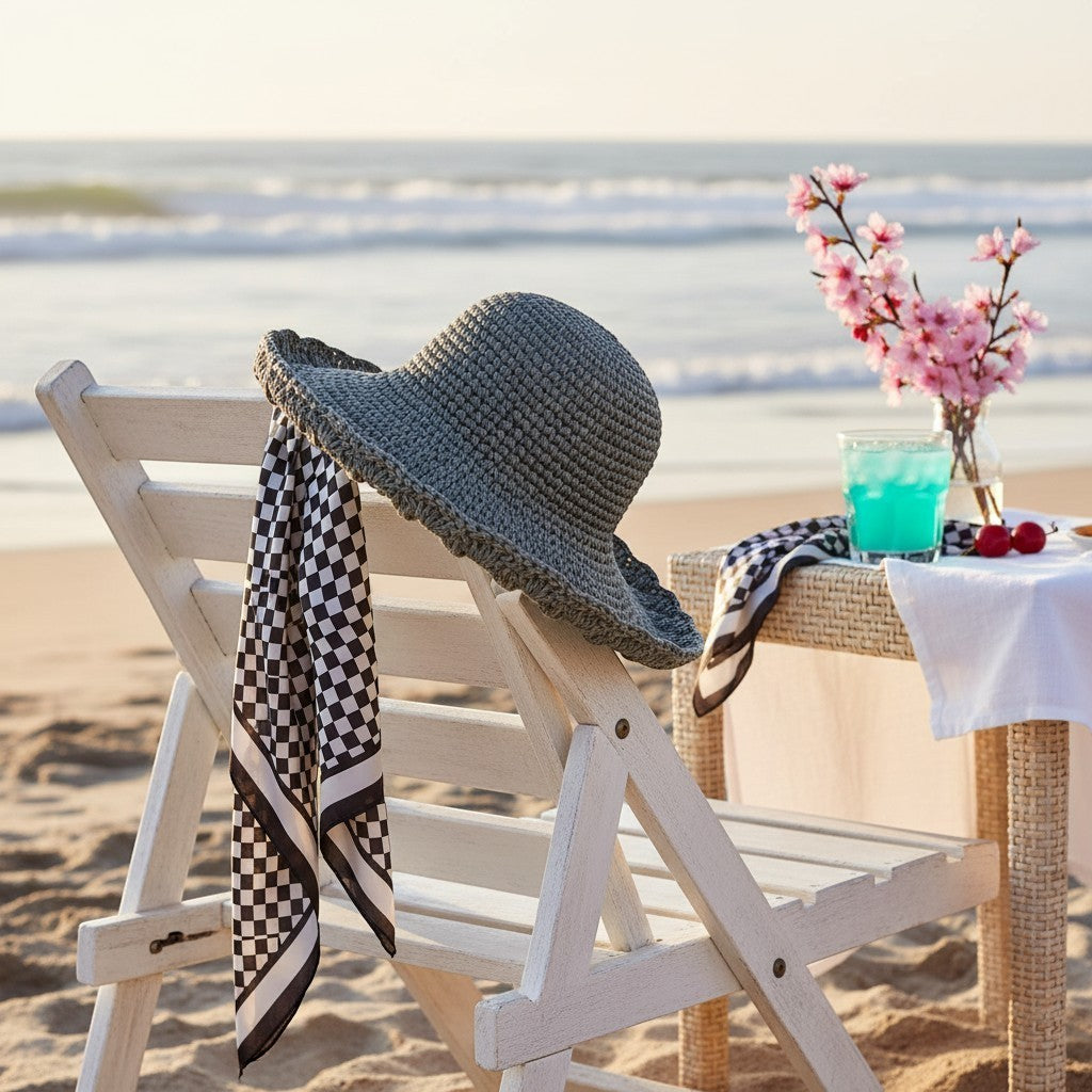 Shop Sarah Stewart Sydney Sun Hat in grey raffia with a black and white checkered scarf hanging on a beach chair.