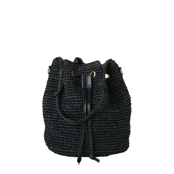 Shop Sarah Stewart The Jane black raffia bucket bag with leather trim, drawstring closure, and adjustable strap.