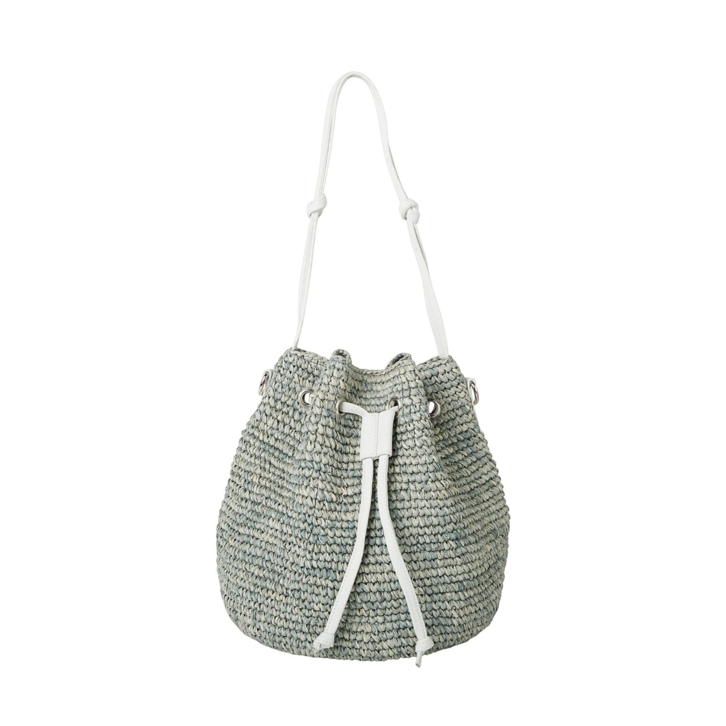 Shop Sarah Stewart The Jane raffia bucket bag with white leather trim and straps. Features adjustable drawstring closure and interior pockets.