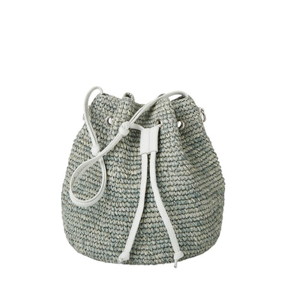 Shop Sarah Stewart The Jane raffia bucket bag with white leather trim and adjustable drawstring closure. Features short handle and crossbody strap.