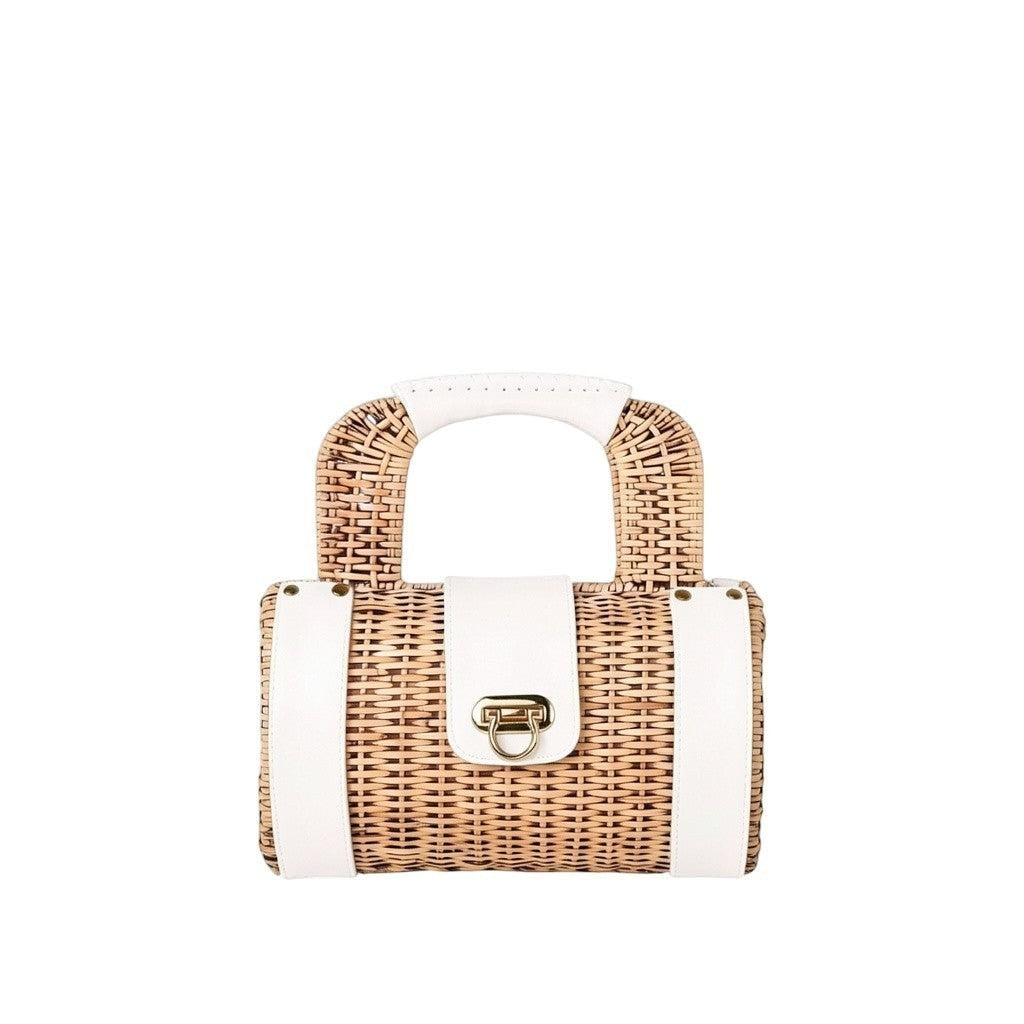 Shop Sarah Stewart Jordan Handbag: Natural wicker barrel bag with black lambskin accents and gold hardware. Top handle.