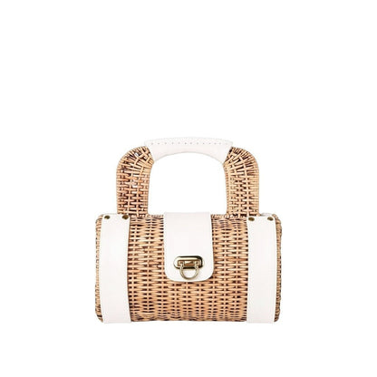 Shop Sarah Stewart Jordan Handbag: Natural wicker barrel bag with black lambskin accents and gold hardware. Top handle.