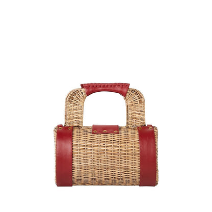 Shop Sarah Stewart Jordan Handbag: Natural wicker barrel bag with red lambskin accents and handle. Features metal hardware.