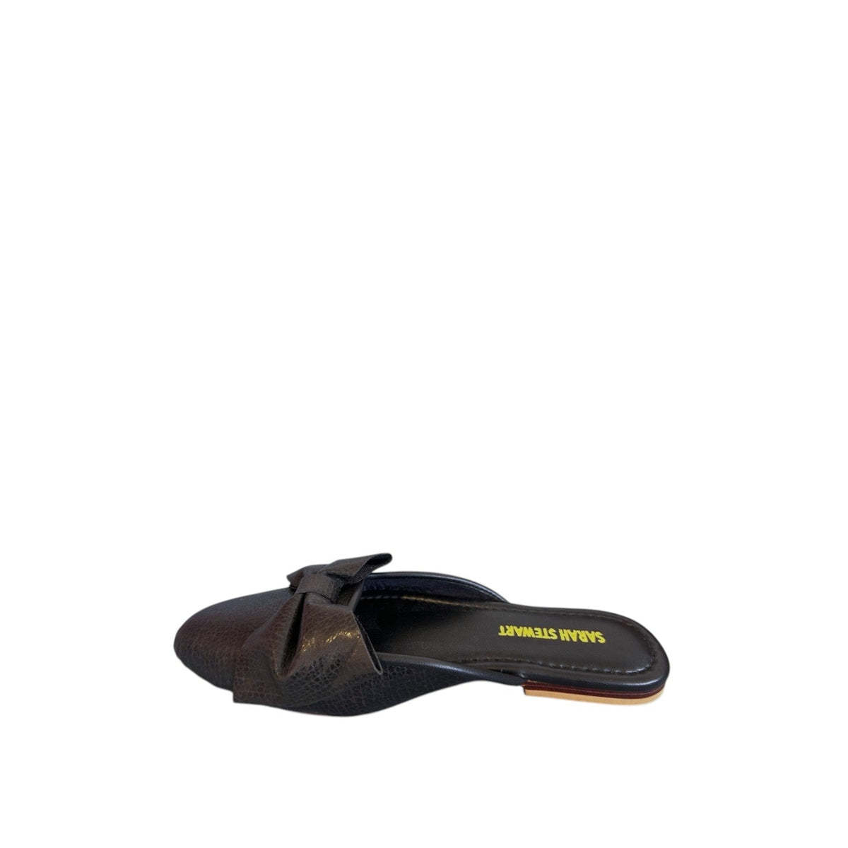 Shop Sarah Stewart Beverly Bow Mule in dark brown lizard-embossed patent leather with a decorative bow detail.