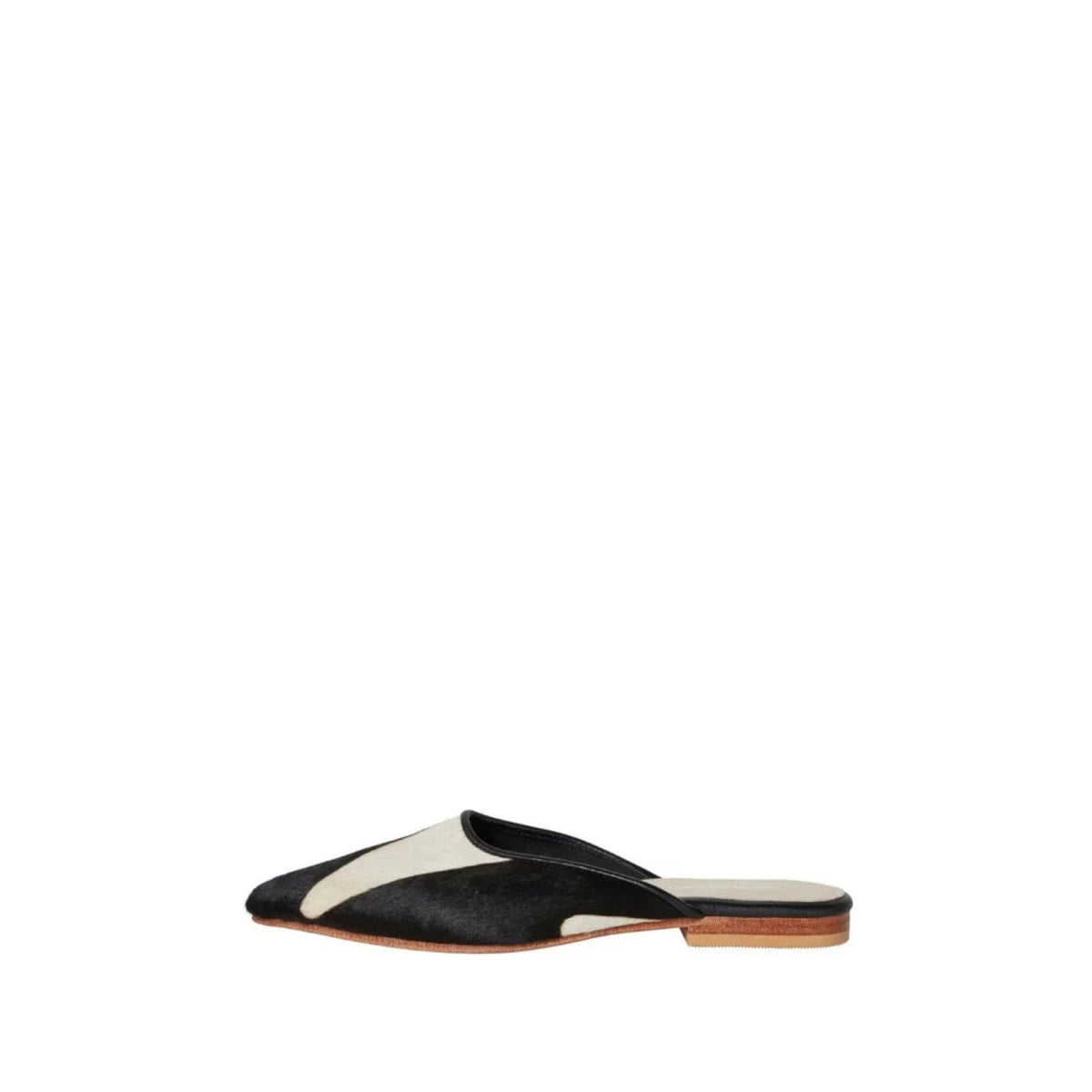 Shop Sarah Stewart Mabrey pointed-toe mule in black and white printed calf hair leather with a flat heel.