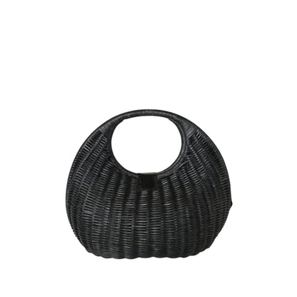 Shop Sarah Stewart Matilda black wicker handbag with leather detail and cotton lining. Modern, relaxed luxury.