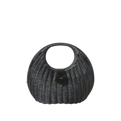 Shop Sarah Stewart Matilda black wicker handbag with leather trim and cotton lining. Oval handle.