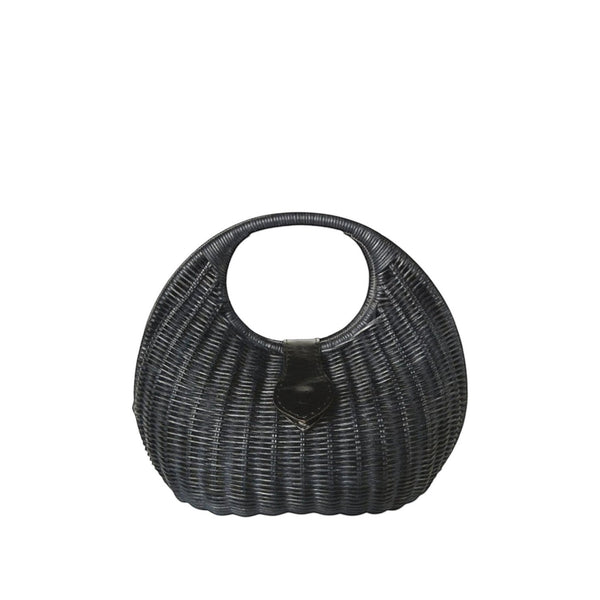 Shop Sarah Stewart Matilda black wicker handbag with leather trim and cotton lining. Oval handle.