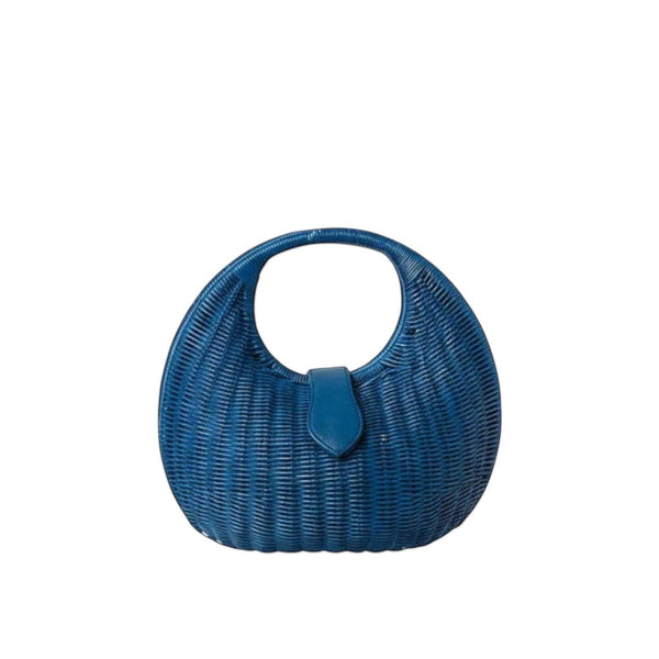 Shop Sarah Stewart Matilda blue wicker handbag with leather closure and cotton lining. A stylish summer accessory.