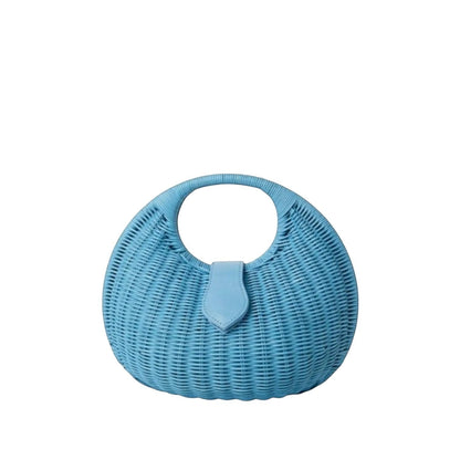 Shop Sarah Stewart Matilda blue wicker handbag with leather closure and cotton lining. Round top handle.