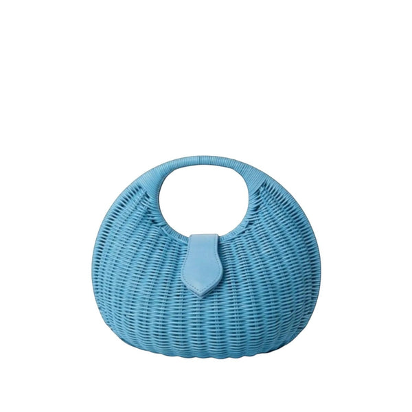 Shop Sarah Stewart Matilda blue wicker handbag with leather closure and cotton lining. Round top handle.