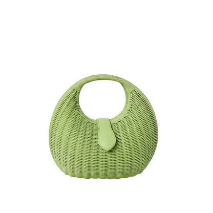 Shop Sarah Stewart Matilda green wicker handbag with leather closure and cotton lining. A stylish summer accessory.