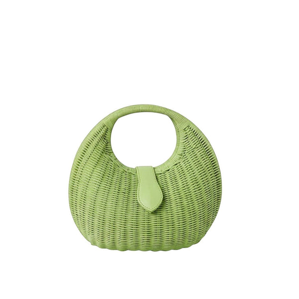 Shop Sarah Stewart Matilda green wicker handbag with leather closure and cotton lining. A stylish summer accessory.