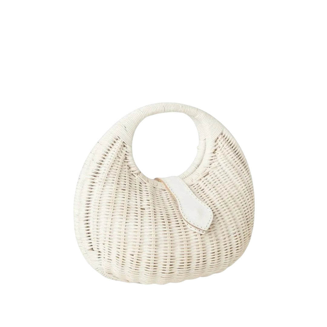Shop Sarah Stewart Matilda white wicker handbag with leather strap detail and cotton lining. Modern, relaxed luxury.