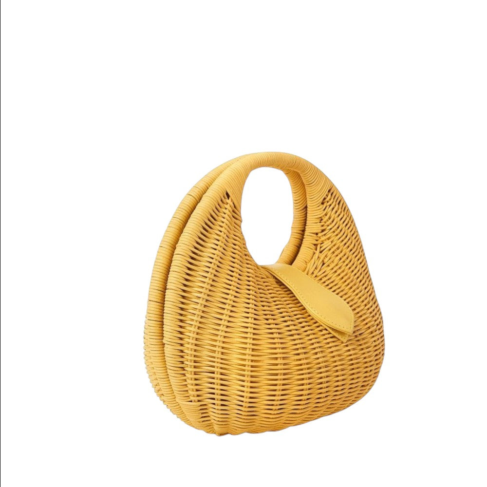 Shop Sarah Stewart Matilda yellow wicker handbag with leather accent and cotton lining. Modern design.