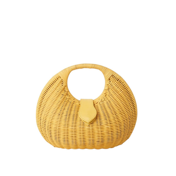 Shop Sarah Stewart Matilda yellow wicker handbag with leather closure and cotton lining. Unique oval shape.