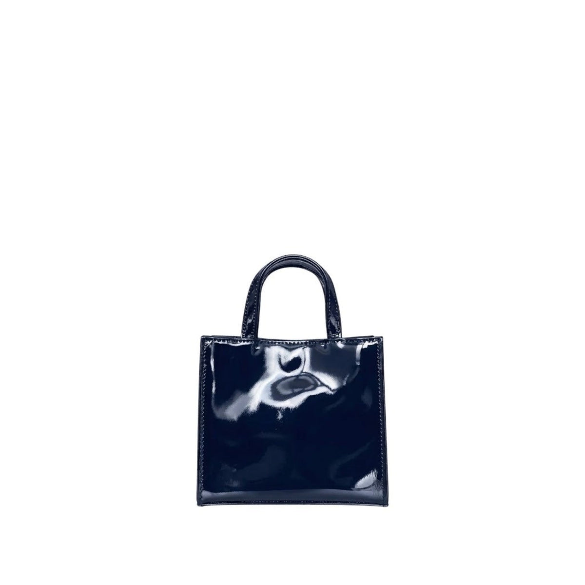 Shop Sarah Stewart Addie mini handbag in glossy navy patent leather with a structured square silhouette.
