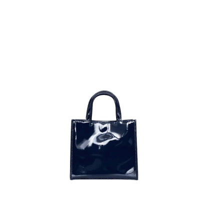 Shop Sarah Stewart Addie mini handbag in glossy navy patent leather with a structured square silhouette.
