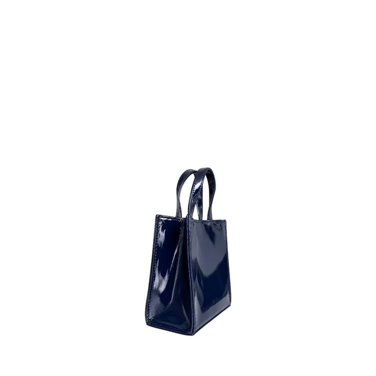 Shop Sarah Stewart Addie mini handbag in glossy navy patent leather with a structured square silhouette.