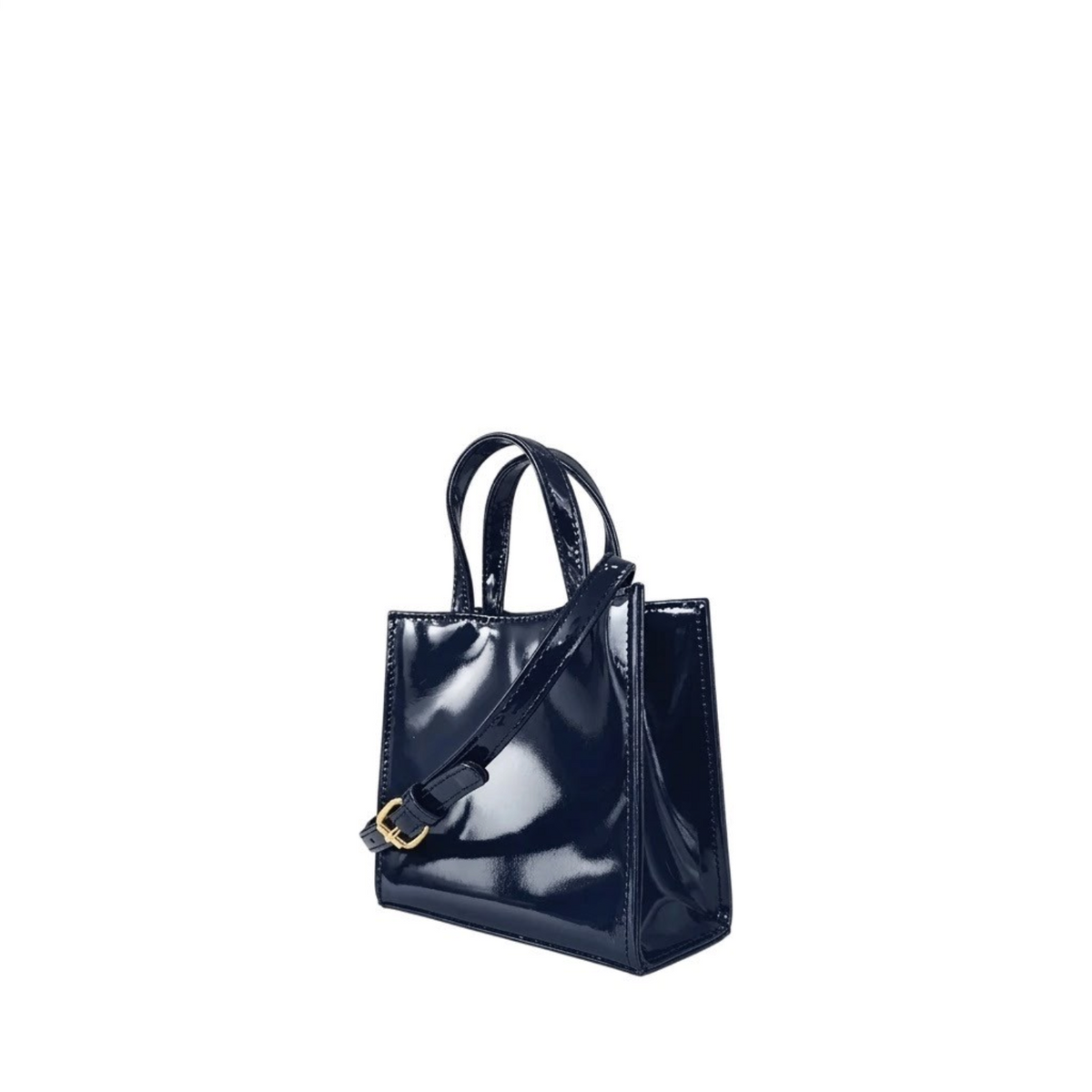 Shop Sarah Stewart Addie mini handbag in navy patent leather with a structured design and high-gloss finish.