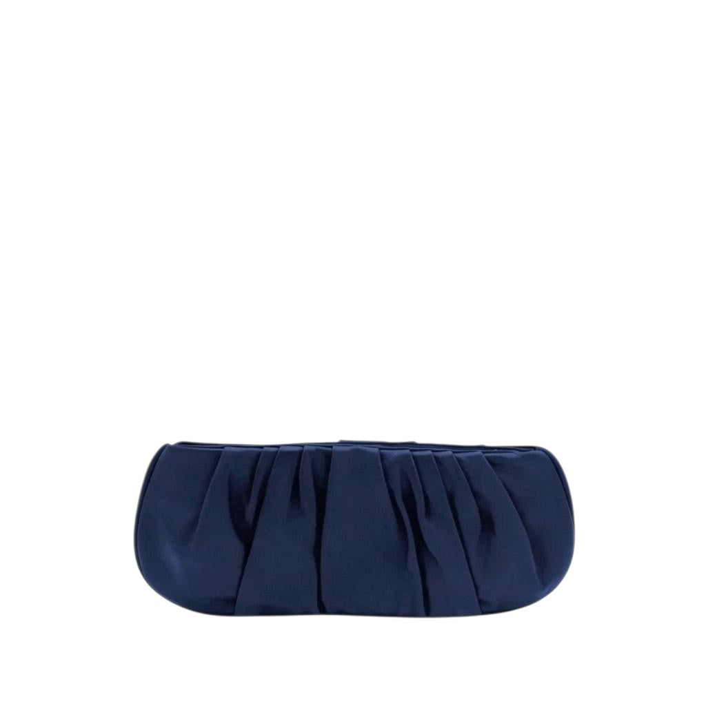 Shop Sarah Stewart navy blue pleated lambskin leather clutch with a sleek, modern silhouette for evening events.