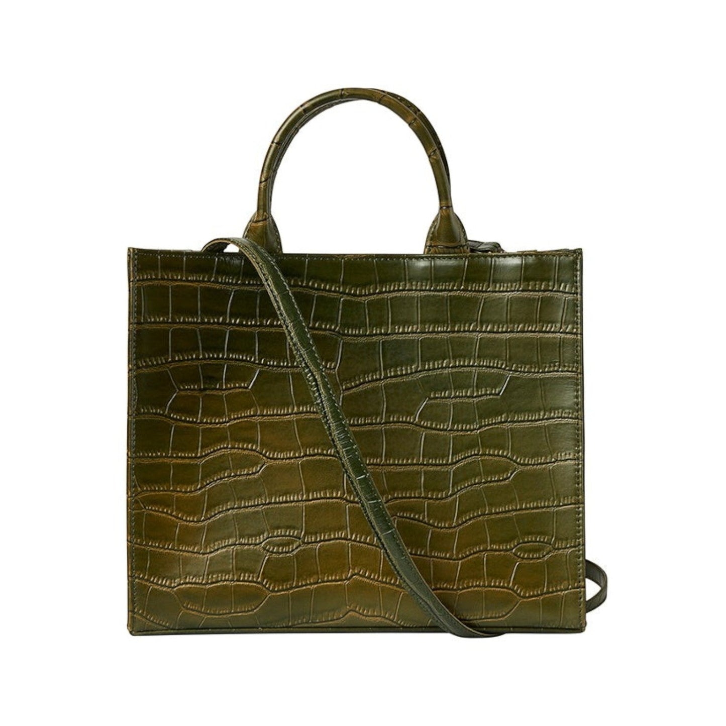 Shop Sarah Stewart Adele handbag in olive green embossed croc-effect lambskin leather with a detachable strap.