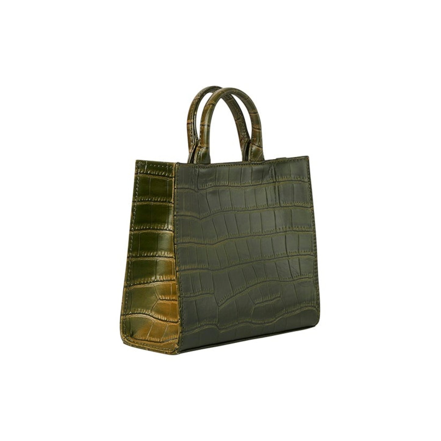 Shop Sarah Stewart Adelaide handbag in olive green embossed crocodile goat skin leather with dual top handles.